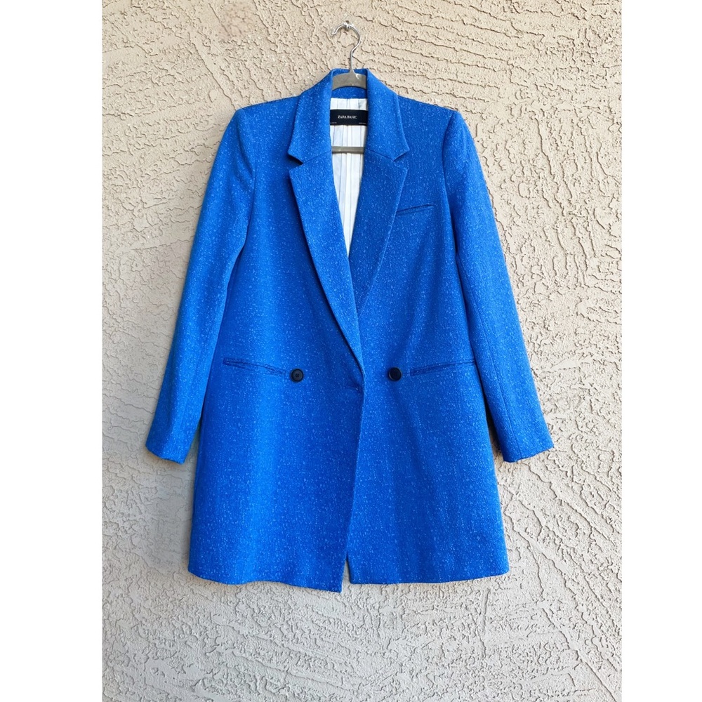 ZARA Bright Cornflower Blue Textured Oversized Lapels Blazer Jacket Frock Coat